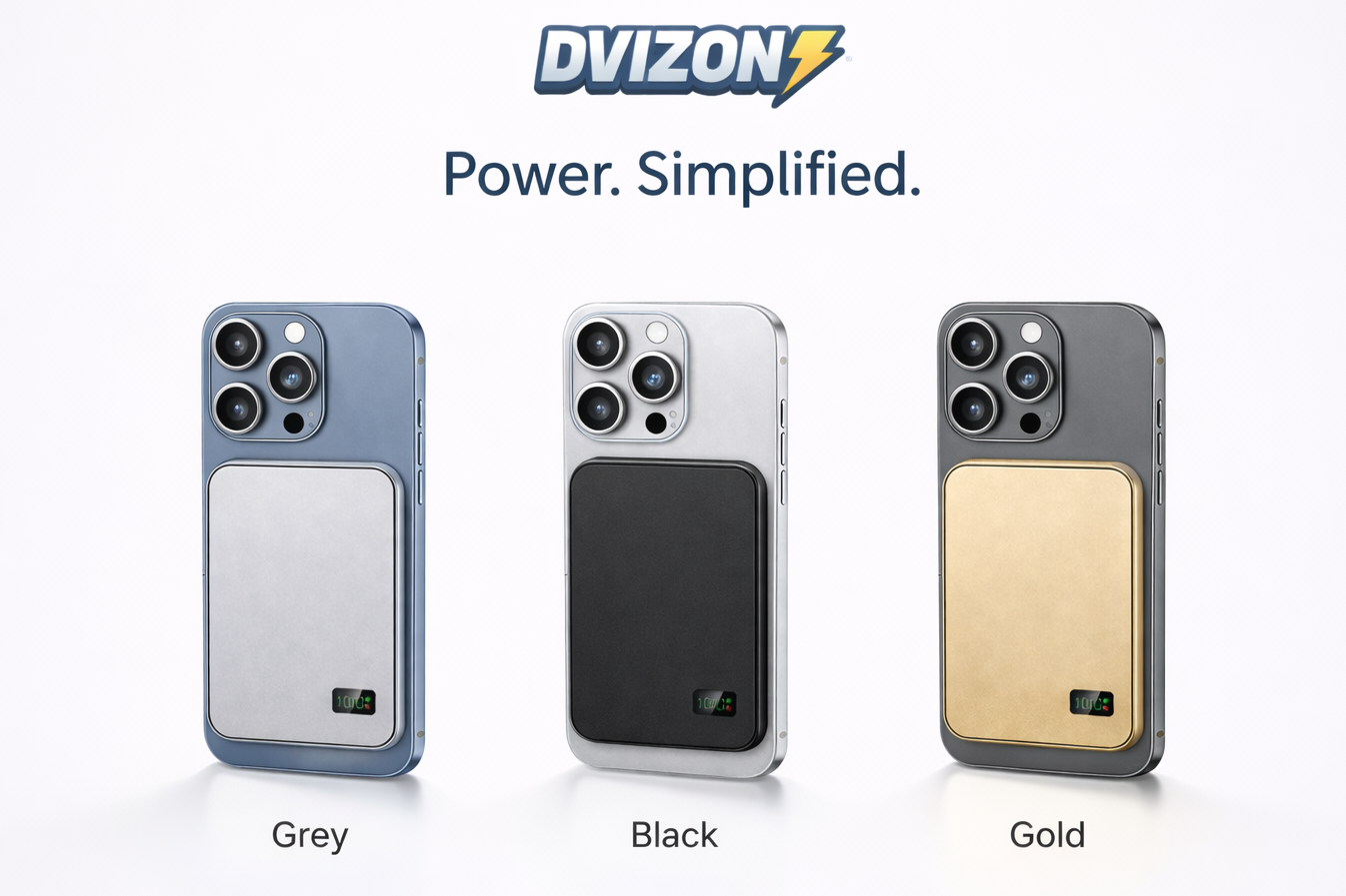 Four phone cases in grey, black, and gold with DVIZON branding on a white background.